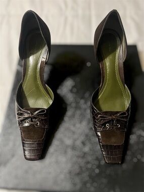 Ann Taylor Dark Brown Croc-Texture D'Orsay Heels with Bow Detail